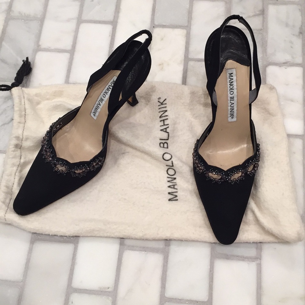 Black Beaded Manolo Blahnik Pumps.
